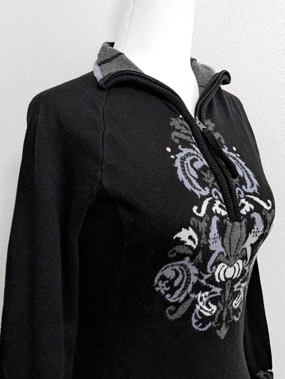Athleta Black & Grey Floral Whimsigoth Quarter-Zip Knit Sweater | Size M - Picture 3 of 6